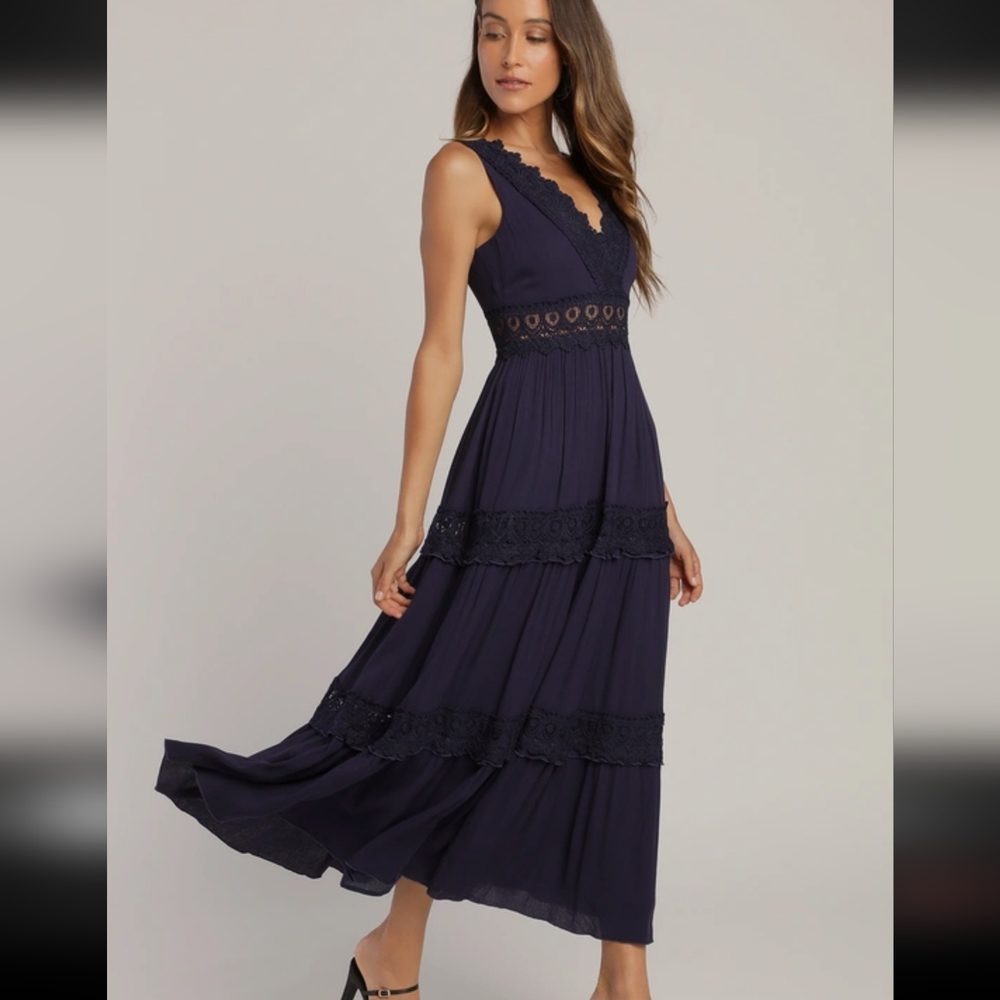 NWT Lulus Spanish Sun Navy Lace Maxi Sundress Boho Dress Med.